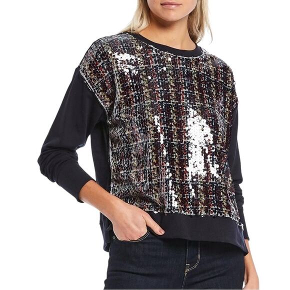 🆕 DKNY Sequin Sweatshirt Sequin Front Solid Black Sleeves Womens Size XXS NWT - Picture 1 of 10